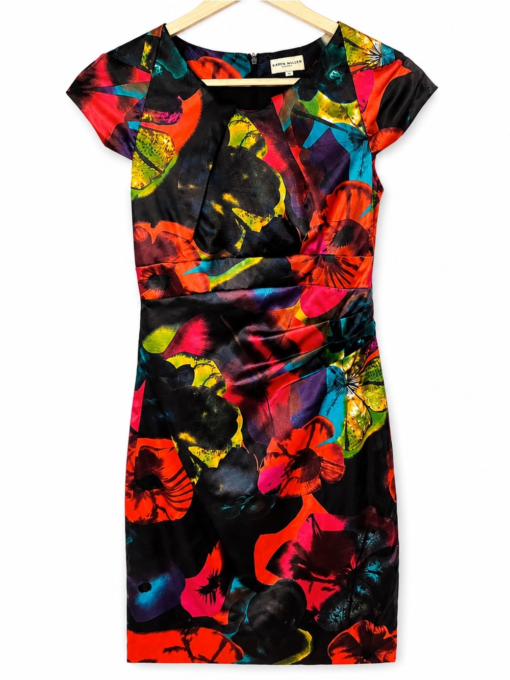 Karen Millen Satin Floral Sheath Midi Dress Wedding Guest Cocktail US Size 12